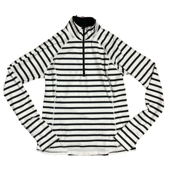 J Crew Top Women’s M White Black‎ Stripe CloudStretch Half-Zip Pullover Active - Picture 1 of 10
